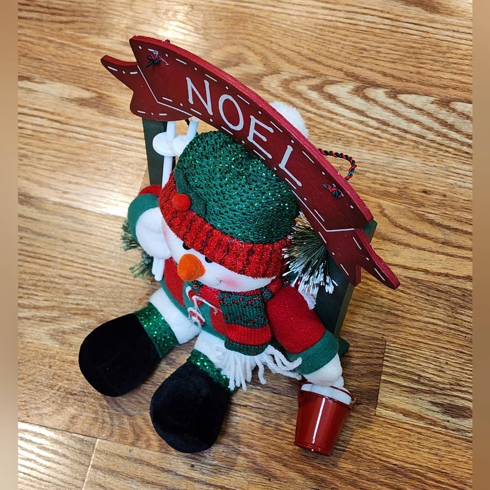 Red and Green Wood Wall Or Shelf Decor Plush Snowman With Pail Of Snowballs